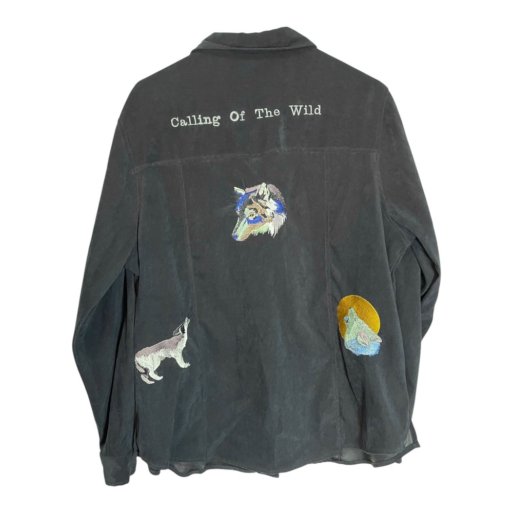 White Stag XL Black Button Down Shirt Wolf Embroidery Calling Of The Wild Cabin
